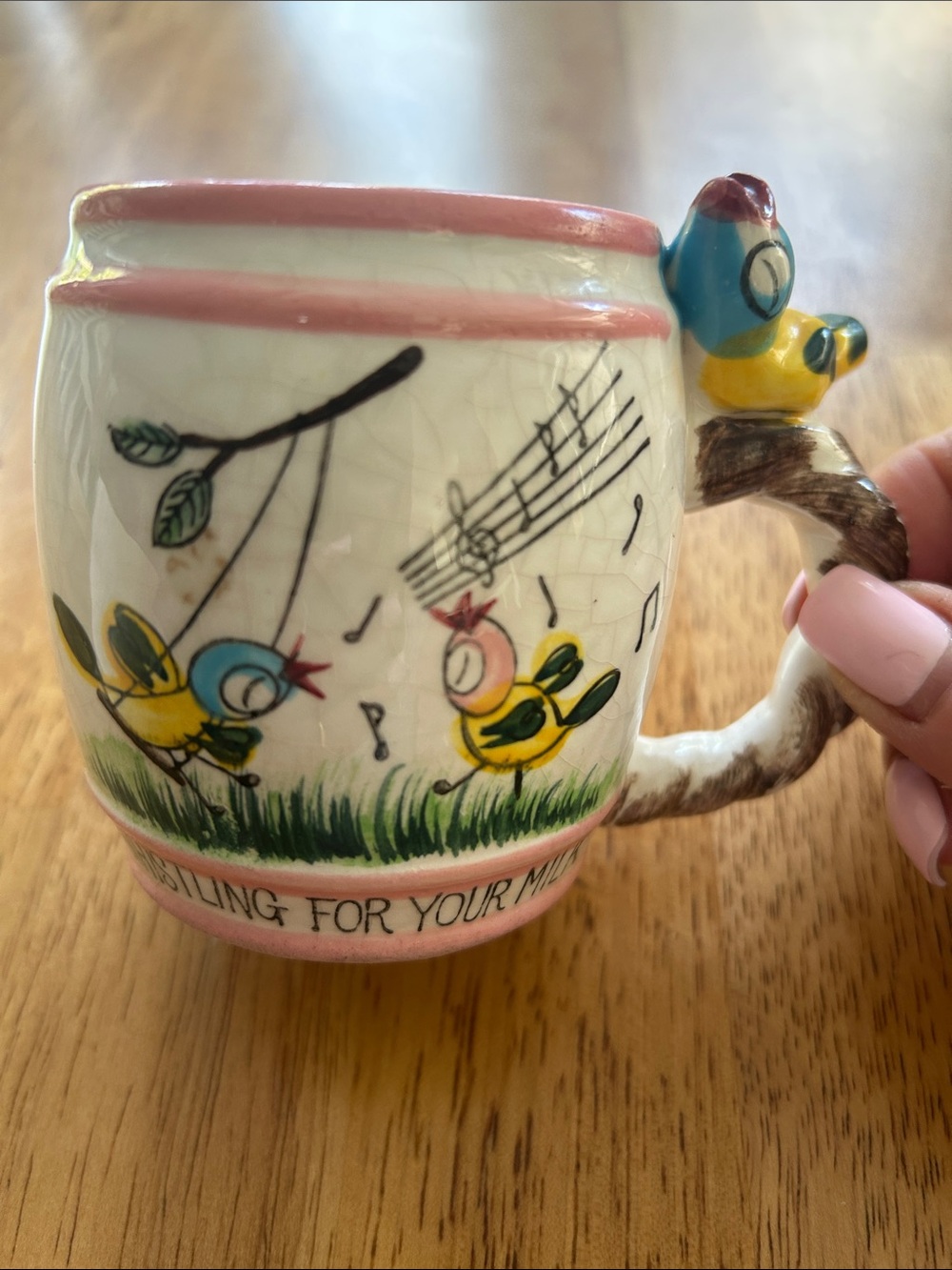 Whimsical Bird Ceramic Mug with Pink Trim